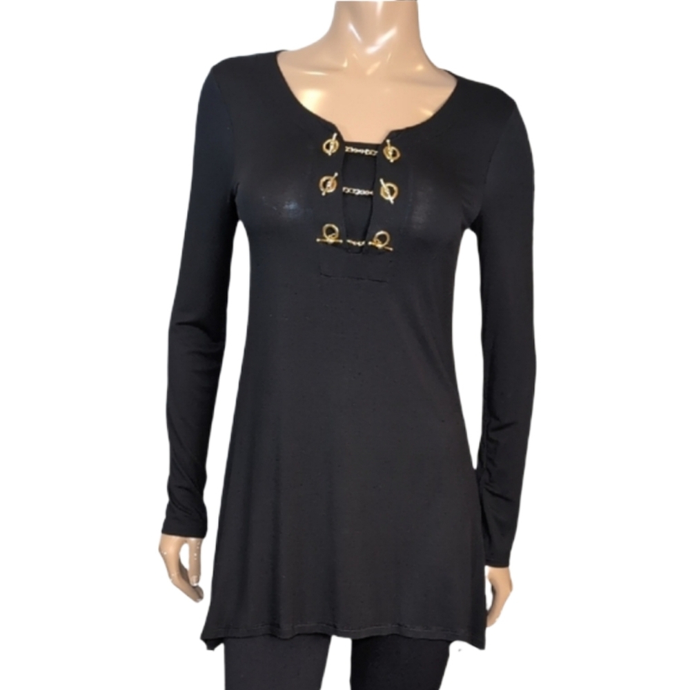 NEW Cable & Gauge Tunic Top Long Sleeve Black Gold Chain Womens Size Small